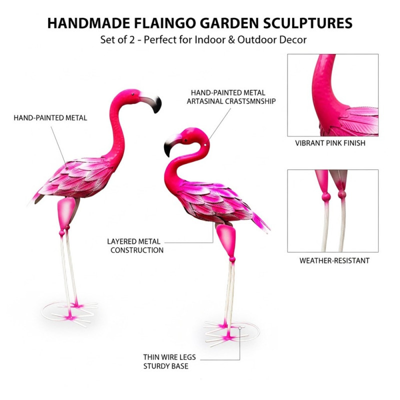 Flamingo Statue Metal Sculpture Garden Bird Decoration - with head up
