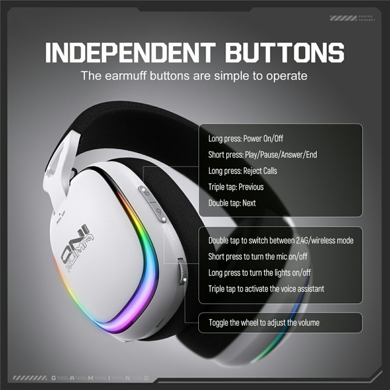 ONIKUMA GT805 Gaming Headset 4 Modes Wireless/Wired Over-Ear RGB - White