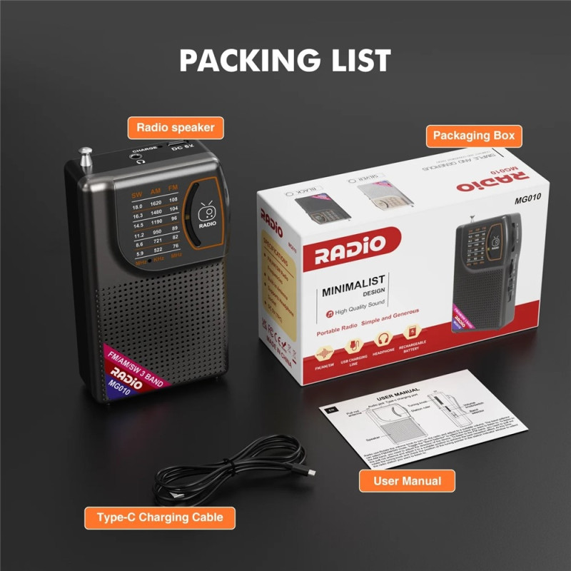 Radio Rechargeable Portable FM / AM / SW Pocket Radio Speaker and Headphone Jack