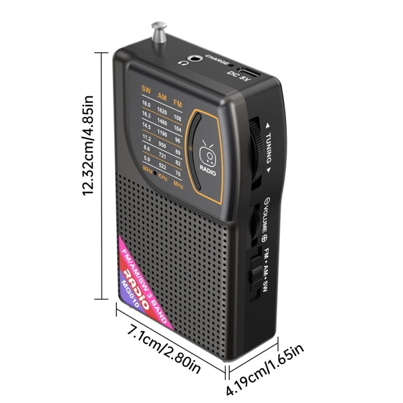 Radio Rechargeable Portable FM / AM / SW Pocket Radio Speaker and Headphone Jack