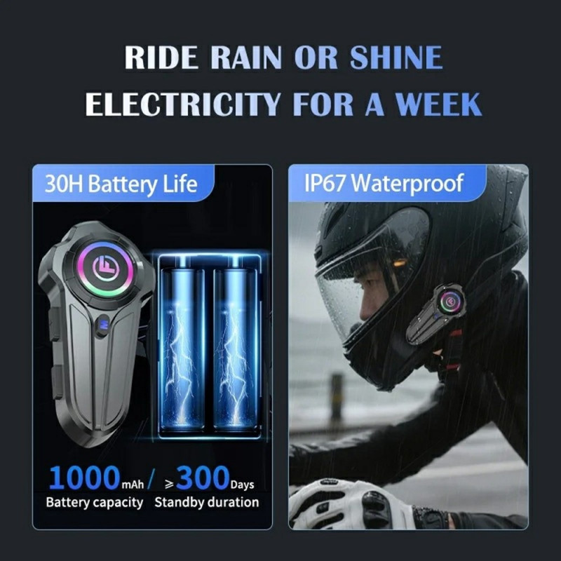 Helmet Motorcycle Bluetooth Intercom Headset IP67 Waterproof 1000m Range Two-Way