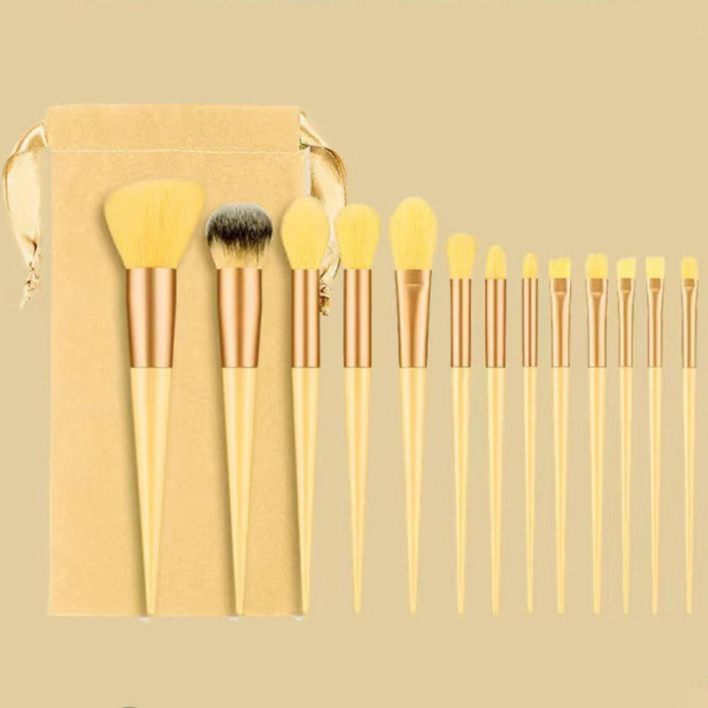 13 pcs Makeup Brush Set Brushes Foundation Contour Blending Velvet Pouch - Yellow