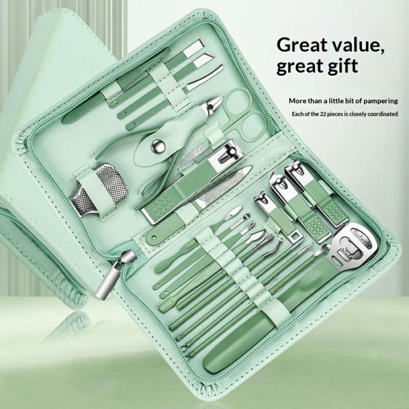 22 stk. manicure pedicure negleklipper rustfrit stål fingertånegle + etui