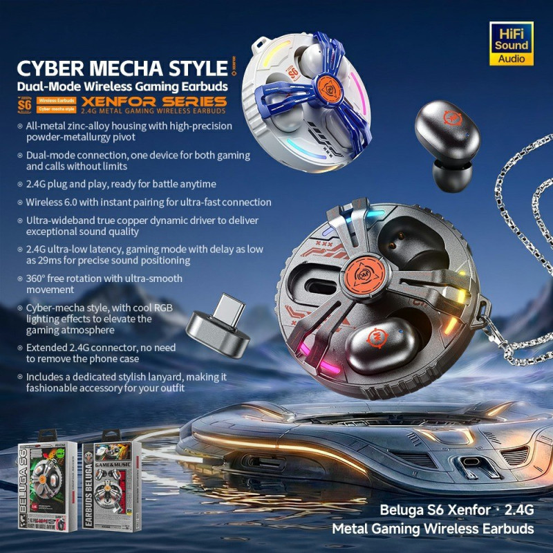 WEKOME Beluga trådløse hodetelefoner Bluetooth 2.4G spillhodetelefoner Mecha Metal RGB