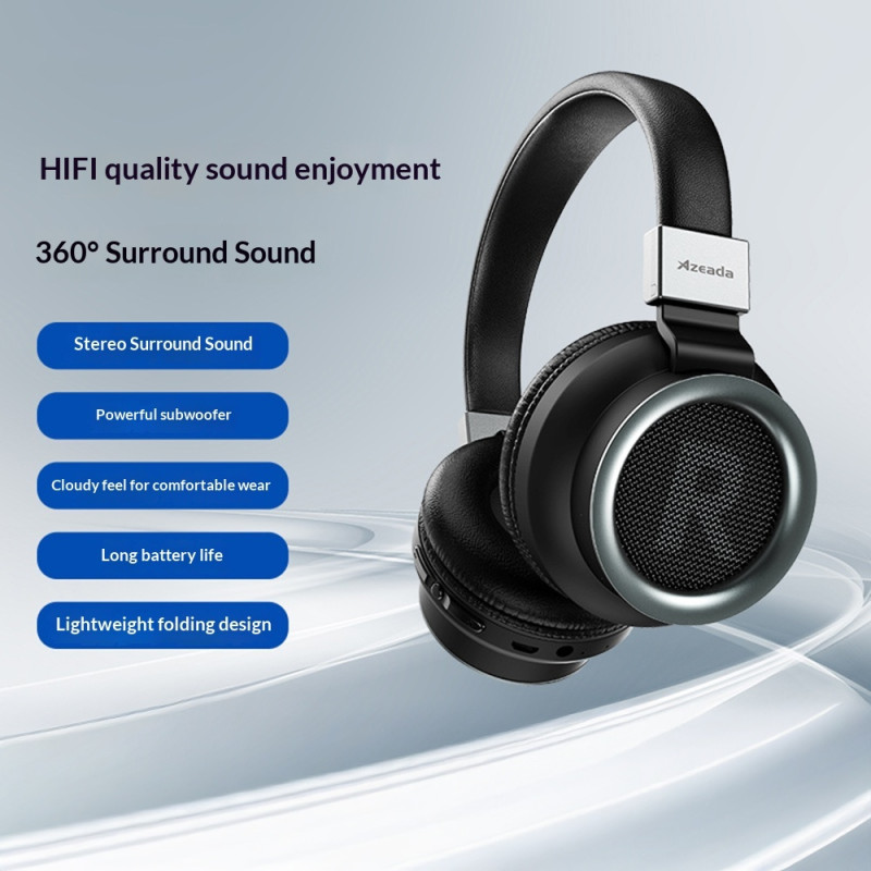AZEADA Wireless Headphones Over Ear Bluetooth Compatible 5.0 HiFi Headset - Black