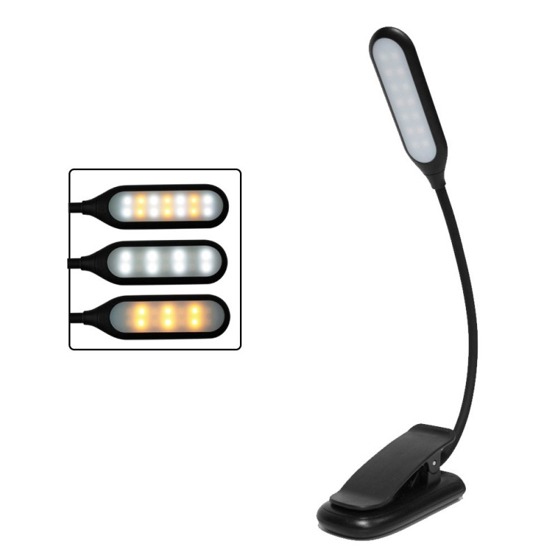 Leselampe med oppladbar LED-klips og 3 fargetemperaturer - svart