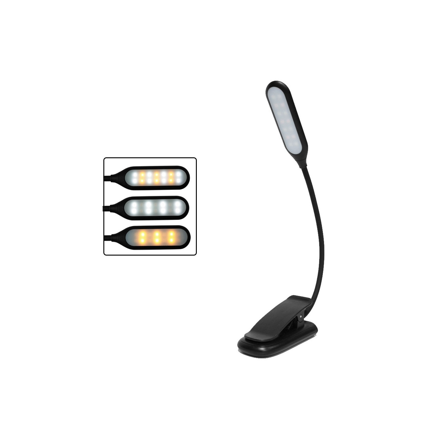 Lamp Reading Light Rechargeable LED Clip with 3 Color Temperatures - Black