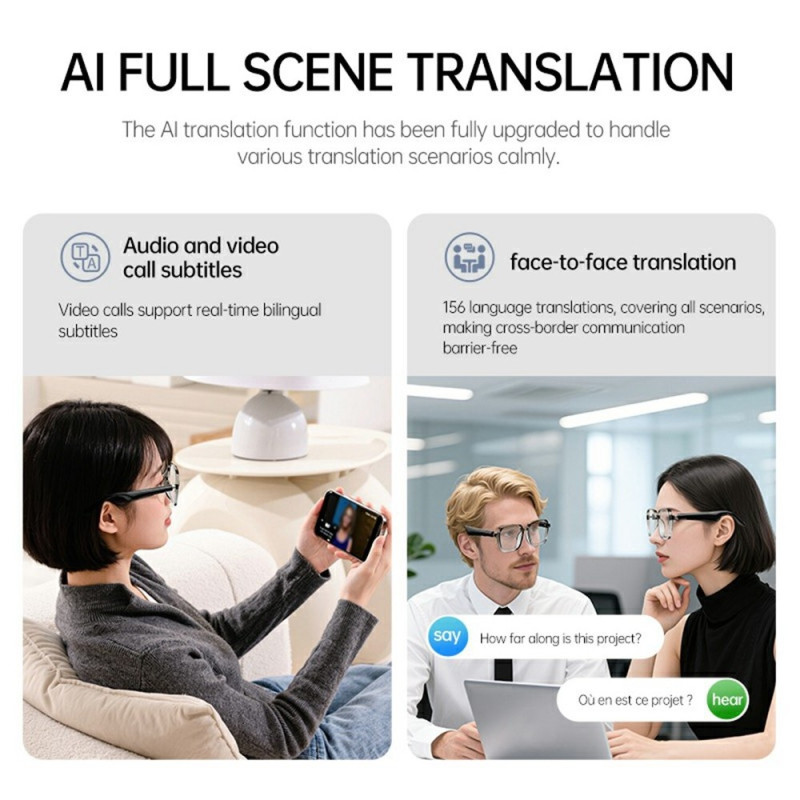 Älylasit AI Bluetooth 6.0 156 kieltä ​​Reaaliaikainen käännöskääntäjä