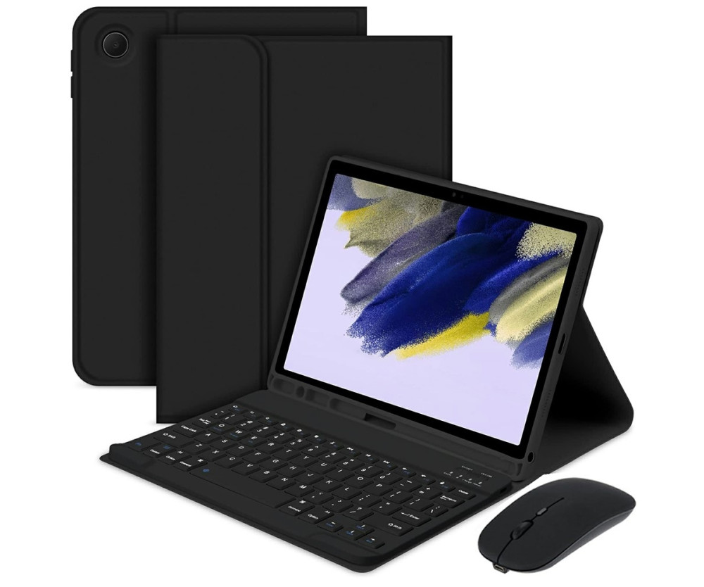 För Samsung Galaxy Tab A9+ / A11+ Split Bluetooth-tangentbord Läderfodral + Dubbel-lägesmus Set - Svart US Layout