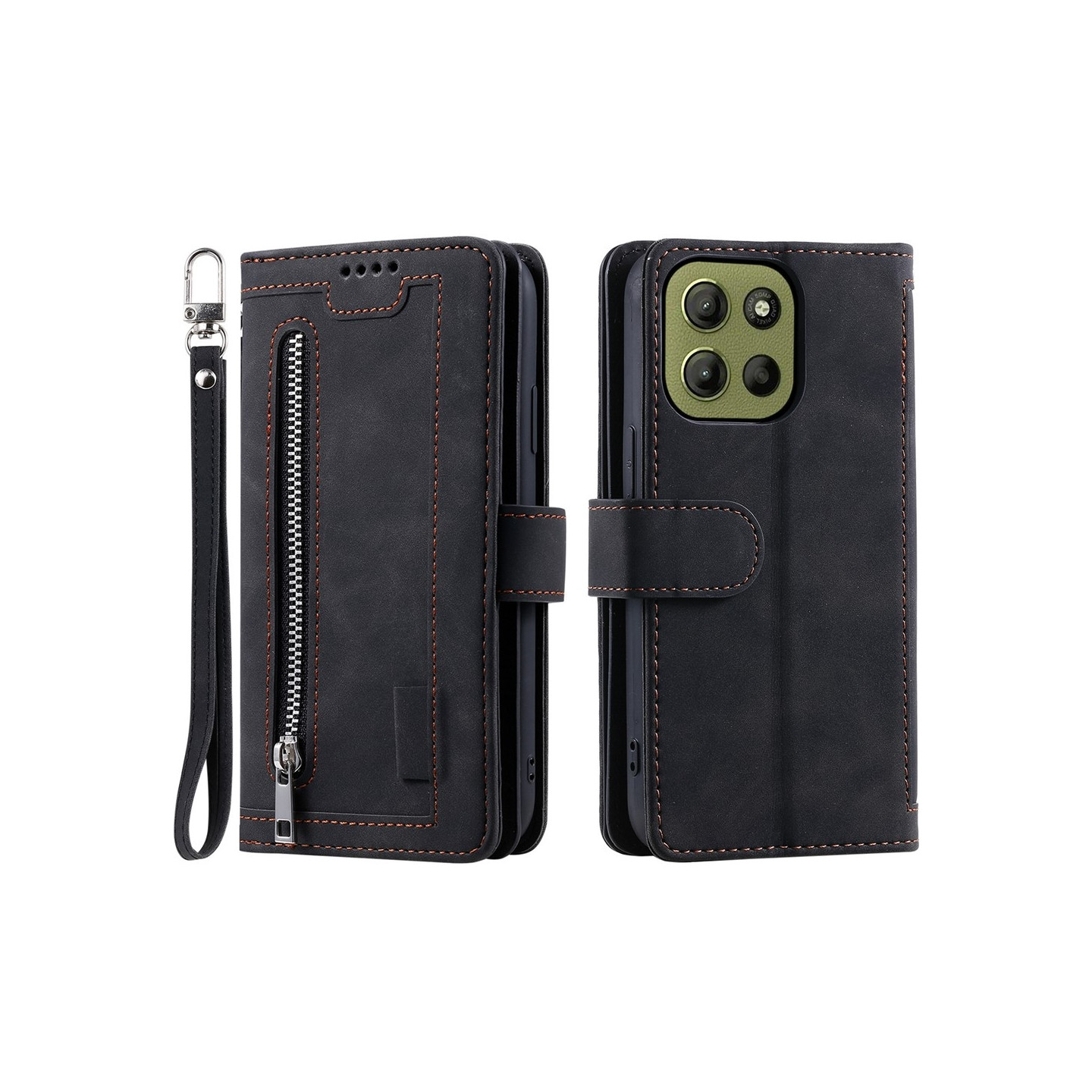 Til Motorola Moto G17 Power 4G / G17 4G / G15 Power 4G / G15 4G Pungcover med Lynlås 9 Kortlommer Stander - Sort