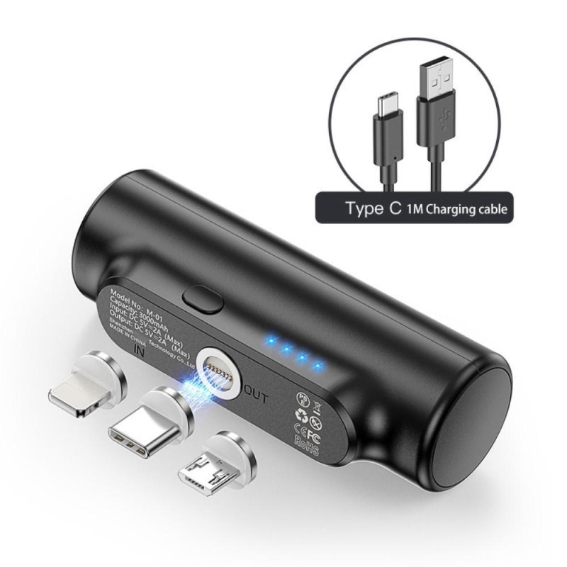 3000mAh bærbar strømbank USB - C/lyn/mikro USB