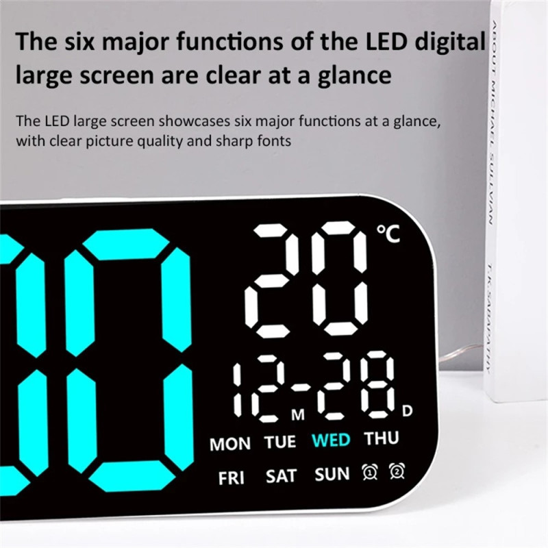 Stor LED-klokke 19,5" veggklokke multifunksjon kalender termometer fjernkontroll