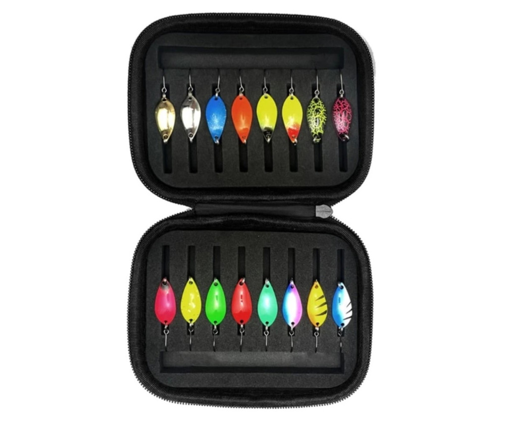 16 st 2,5g 3,5g 5g öring Fiske Betes Blinker Drag Spinner med förvaringsväska