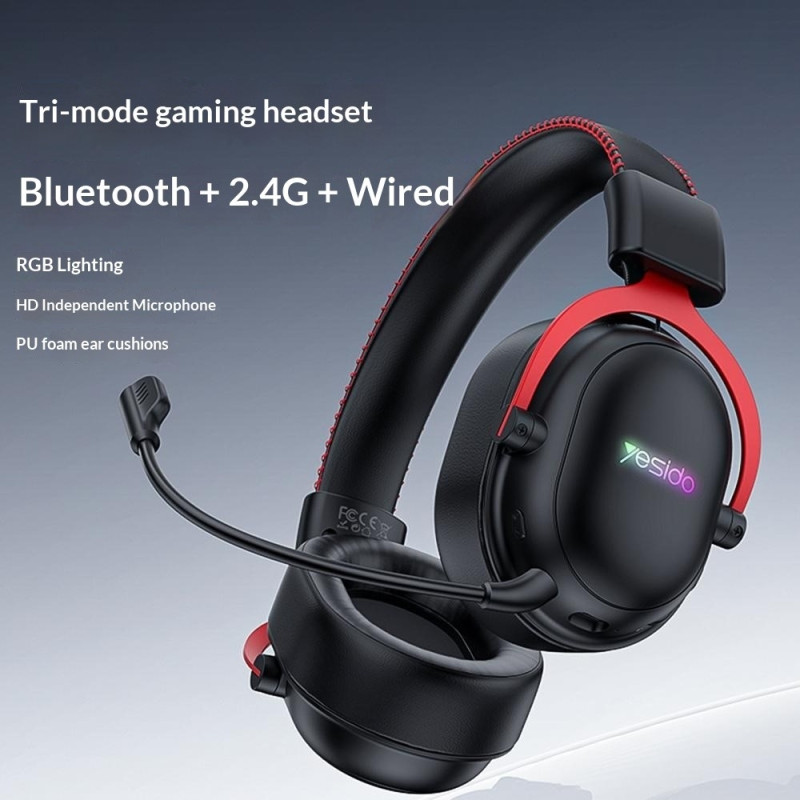 YESIDO Gaming Headset Bluetooth 2.4G Kablede Over-Ear Hodetelefoner Mikrofon