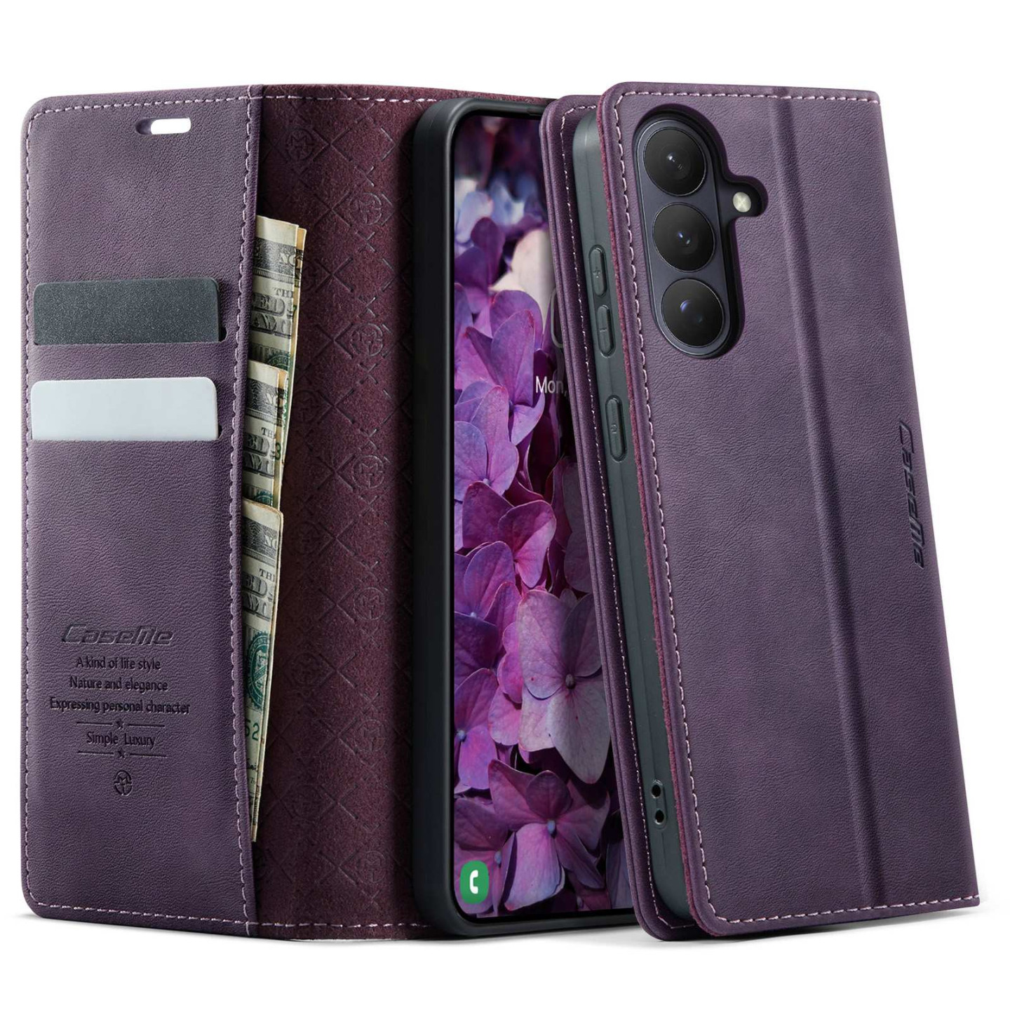 Samsung Galaxy S26 CASEME lompakkokotelo jalustalla ja vasikannahkatekstuurilla - Violetti