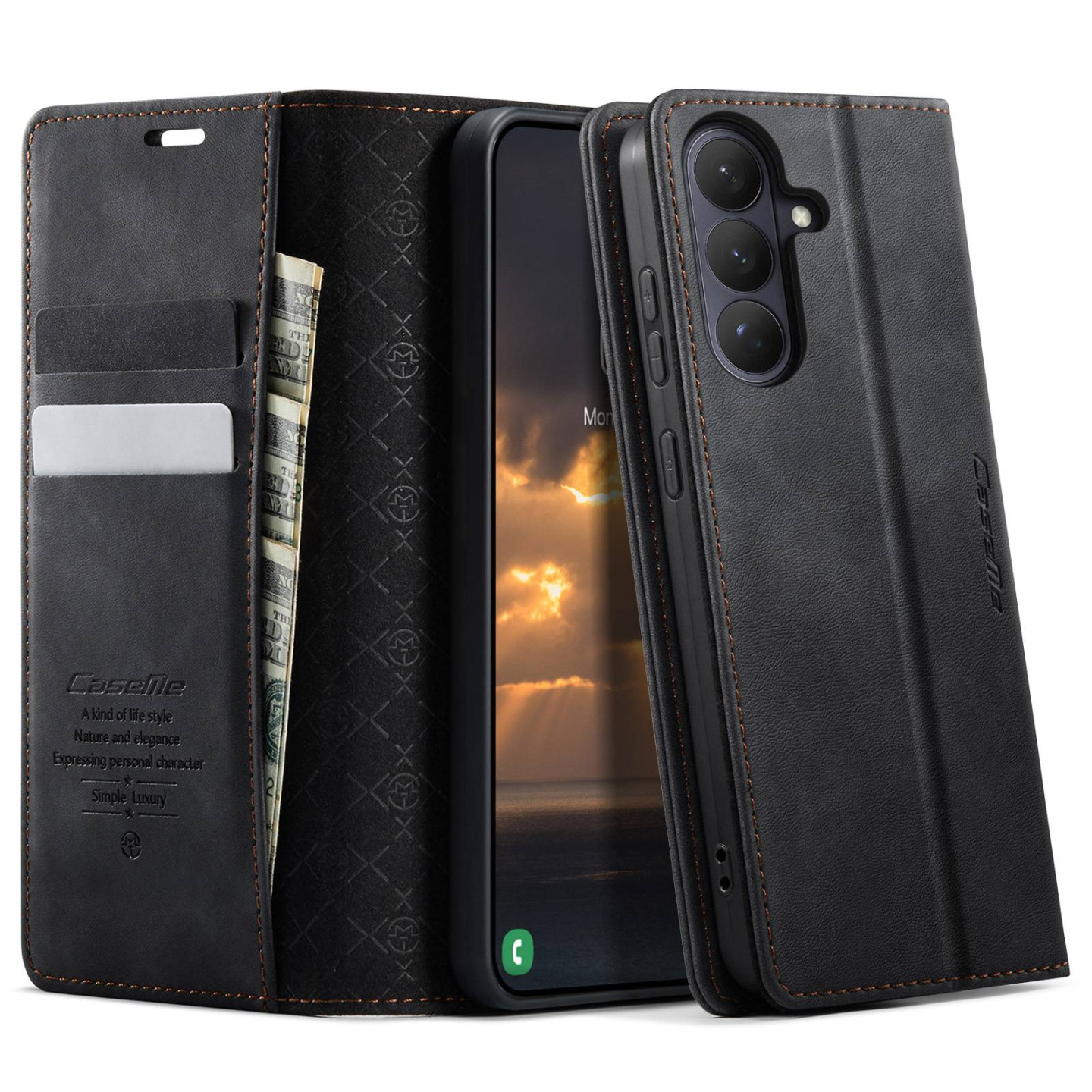 Til Samsung Galaxy S26 CASEME lommebokdeksel med stativ og kalveskinntekstur - Svart