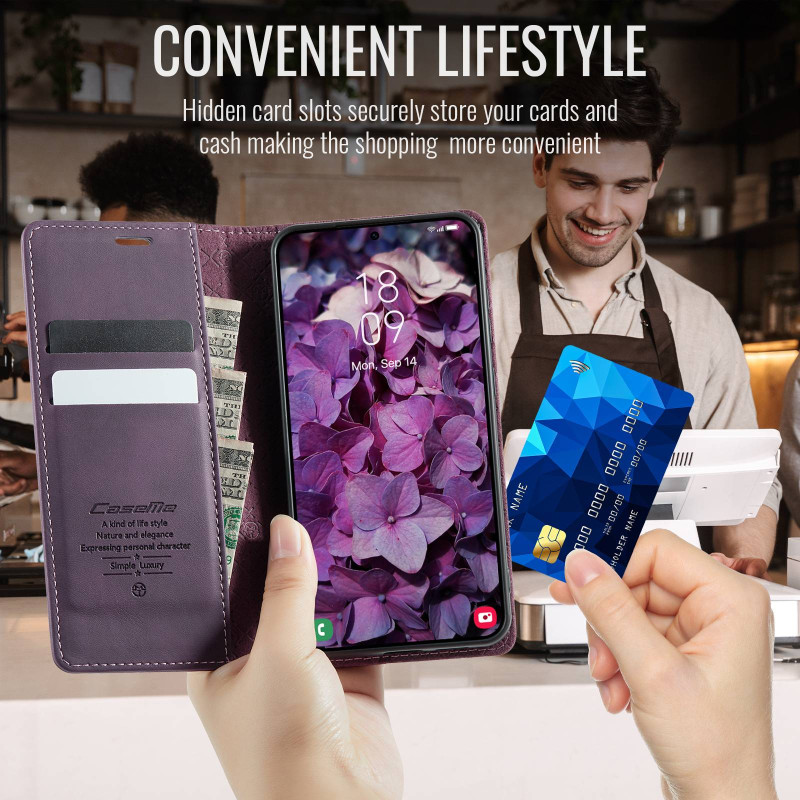 Samsung Galaxy S26 CASEME lompakkokotelo jalustalla ja vasikannahkatekstuurilla - Violetti