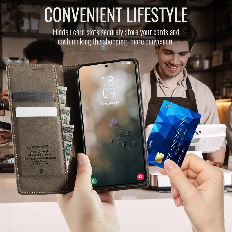 Til Samsung Galaxy S26 CASEME lommebokdeksel med stativ og kalveskinntekstur - Brun