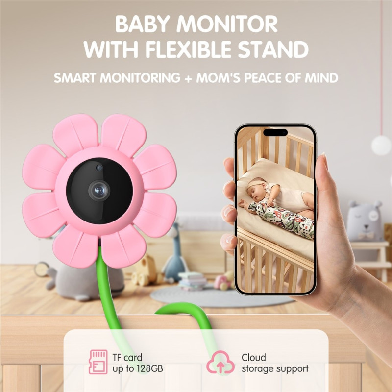 HD WiFi Babyalarm Fjernbetjening 107° Visning 2-vejs Lyd Nattesyn Babykamera - Pink