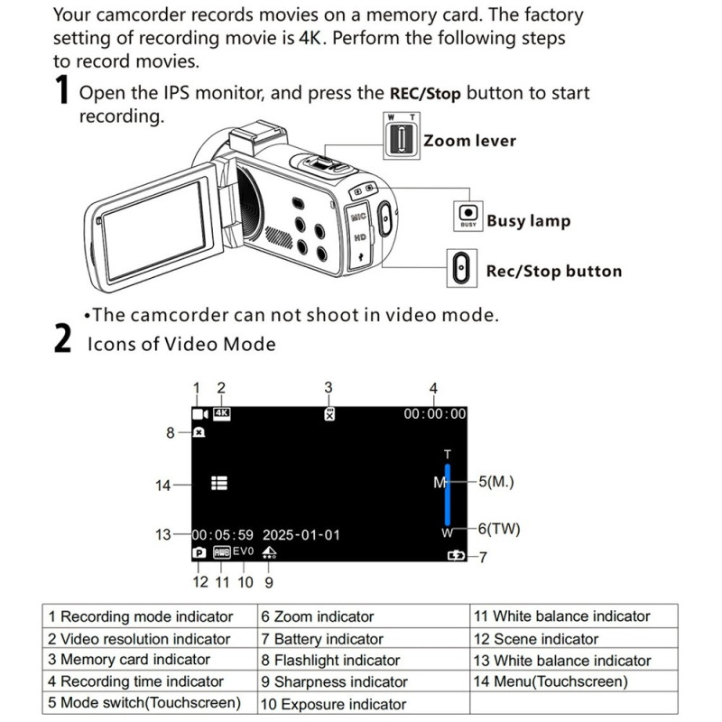Videokamera Actionkamera 8K Mikrofon Modlysblænde 96MP 3.0" Touchskærm 18X Zoom