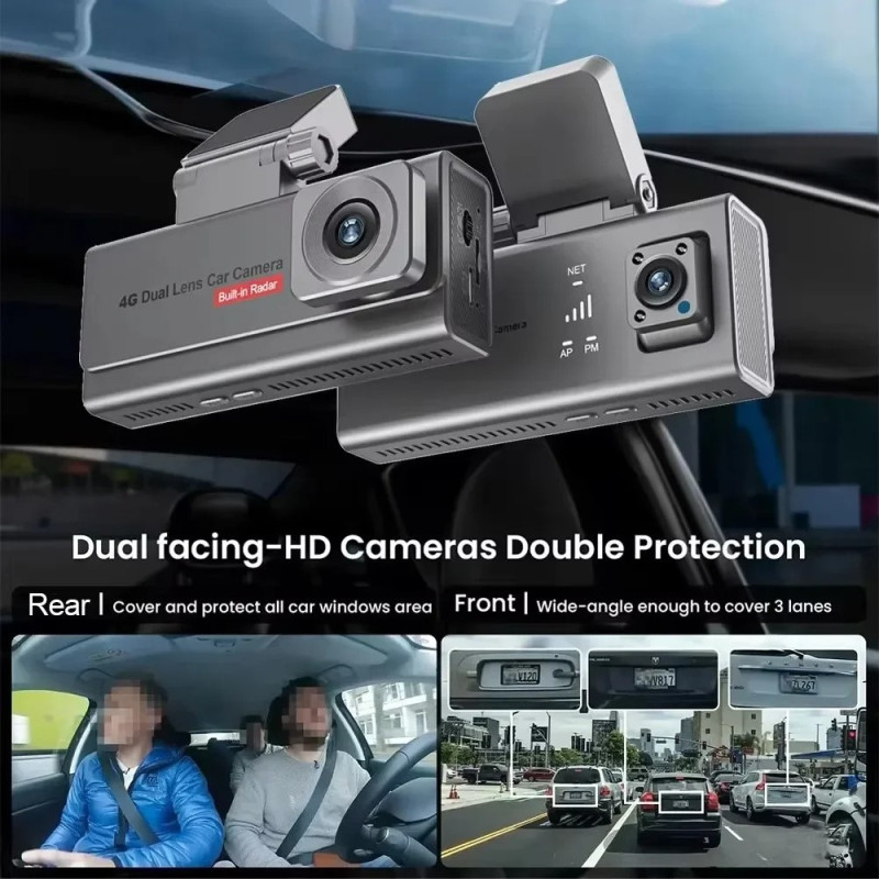 Dash Cam 4G WiFi -autokamera, kaksoislinssit, yönäkö, pysäköinninvalvonta