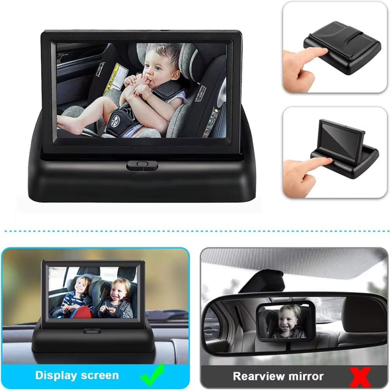 Bakkamera Babyalarm Bil 4,3" HD 1080P Vidvinkel Infrarødt Nattesyn kamera