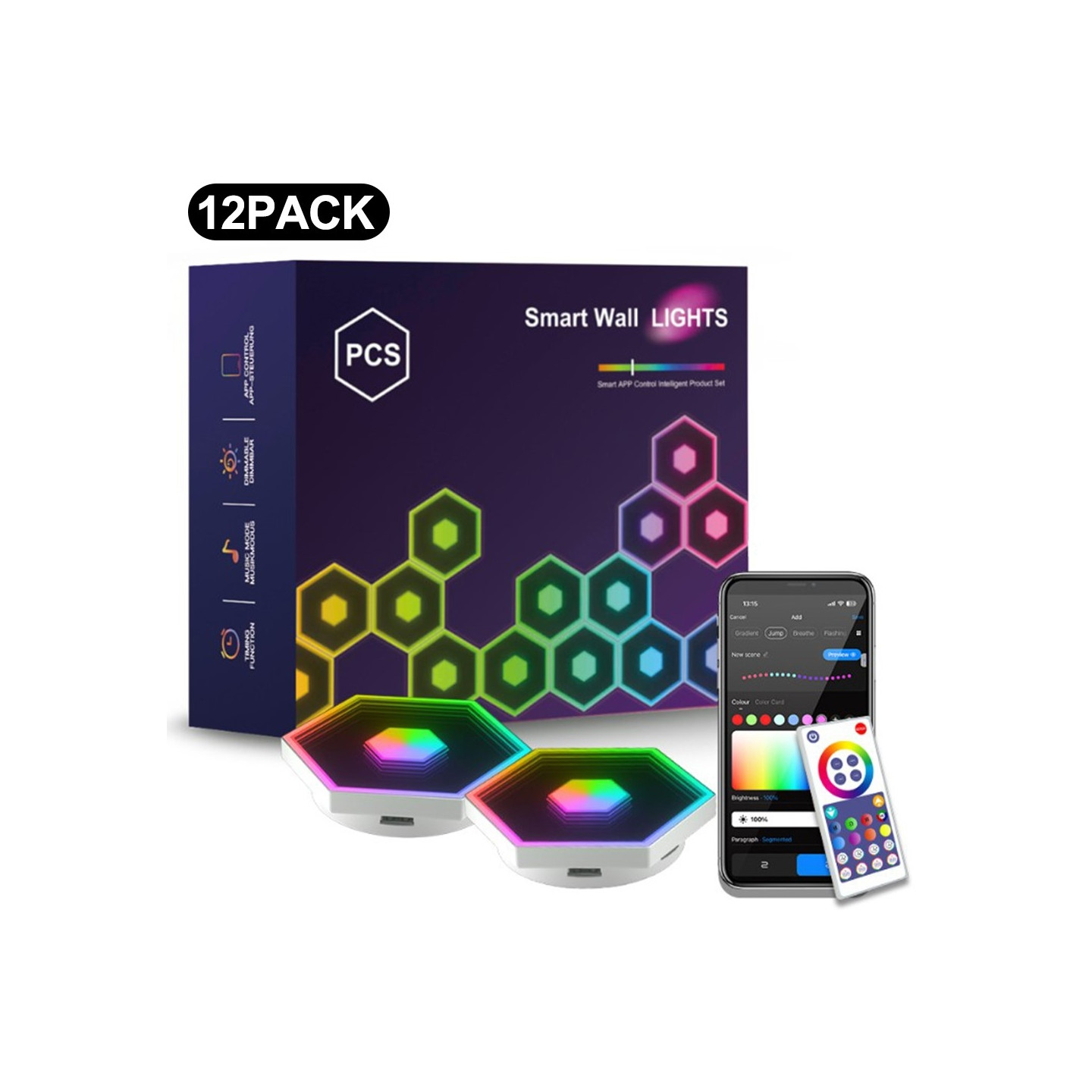12pcs WiFi Bluetooth Light Panels RGB LED Wall Lamps App Sync Music