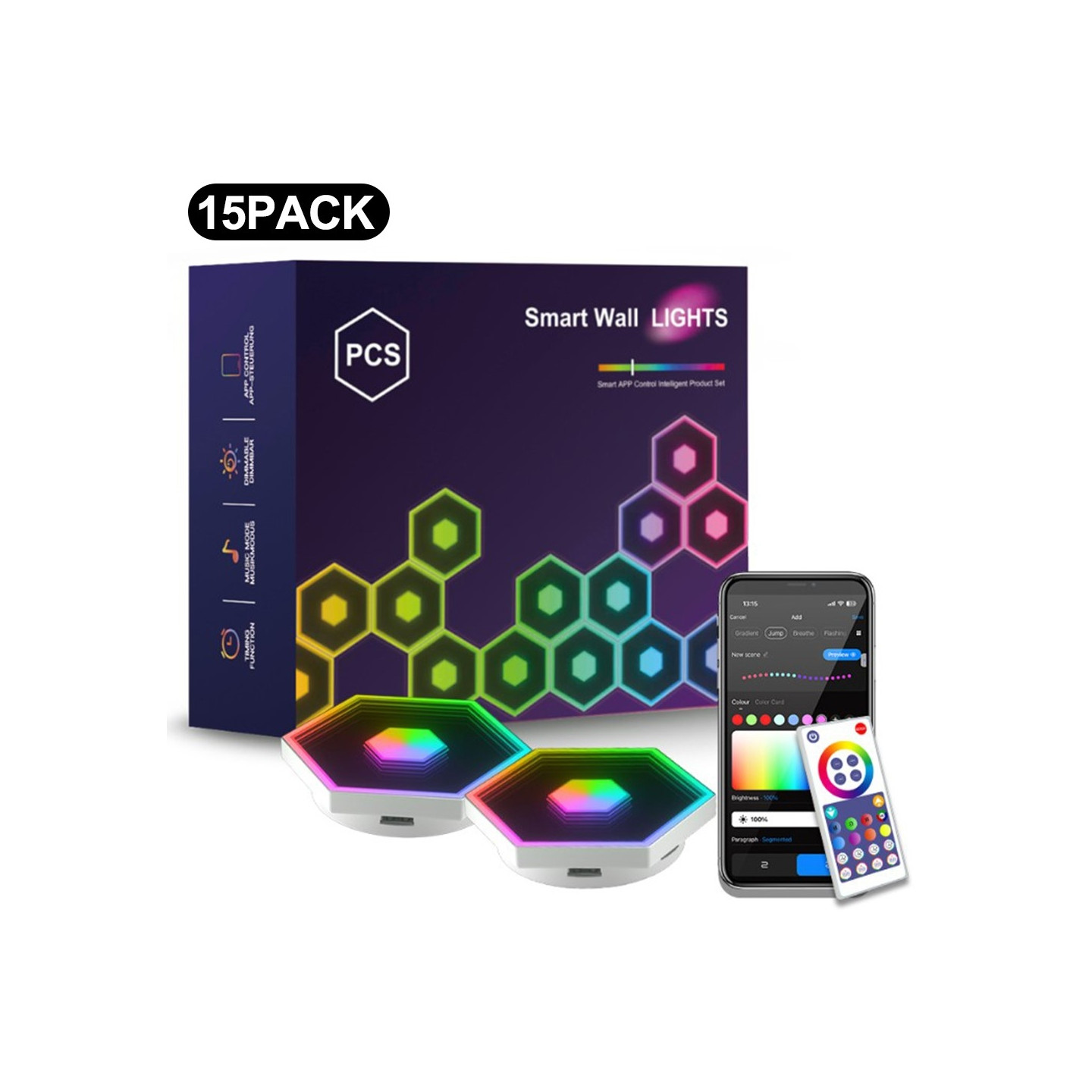 15 stk. WiFi Bluetooth lyspaneler RGB LED væglamper app synkronisering musik