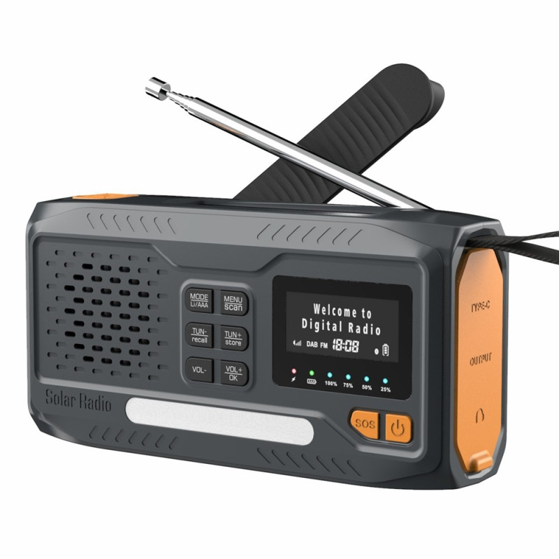 DAB-radio til udendørs brug, højttaler, powerbank, soldrevet håndsving, nødradio