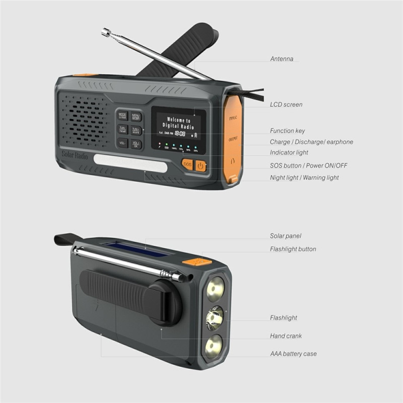 DAB-radio til udendørs brug, højttaler, powerbank, soldrevet håndsving, nødradio