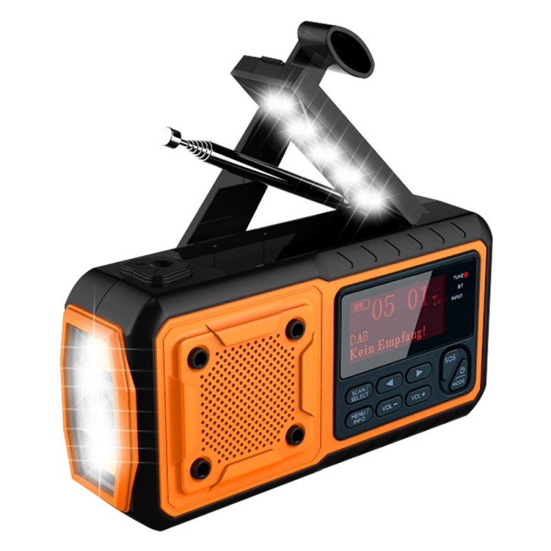Ulkokäyttöön tarkoitettu hätäradio, aurinkokäyttöinen, käsikäyttöinen, varavirtalähteellä, DAB/FM-radio ja lukuvalo