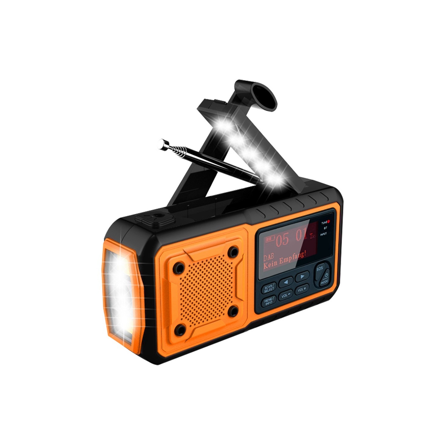 Ulkokäyttöön tarkoitettu hätäradio, aurinkokäyttöinen, käsikäyttöinen, varavirtalähteellä, DAB/FM-radio ja lukuvalo
