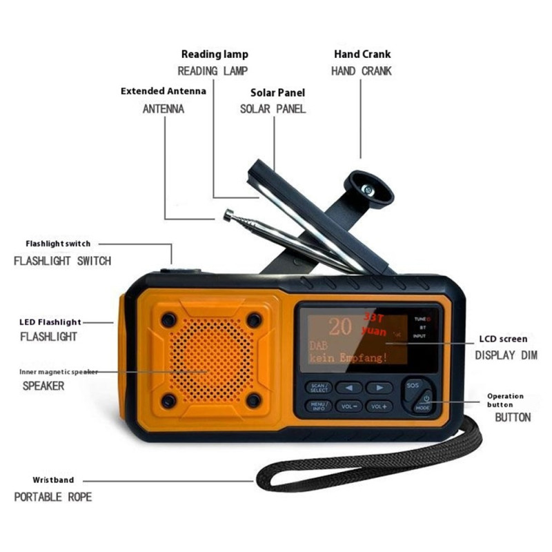 Utendørs nødradio med sveiv, solcelledrevet med powerbank, DAB/FM-radio med leselys