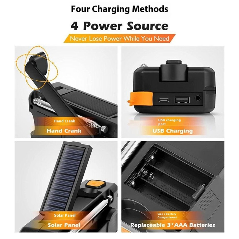 Nødradio DAB/FM 5000mAh powerbank oplader solcelle håndsving SOS alarm lommelygte
