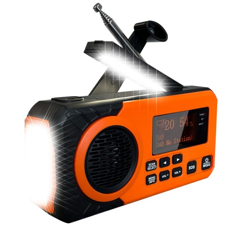 Nødradio DAB/FM 5000mAh powerbank ladende solcelle håndsveiv SOS alarm lommelykt