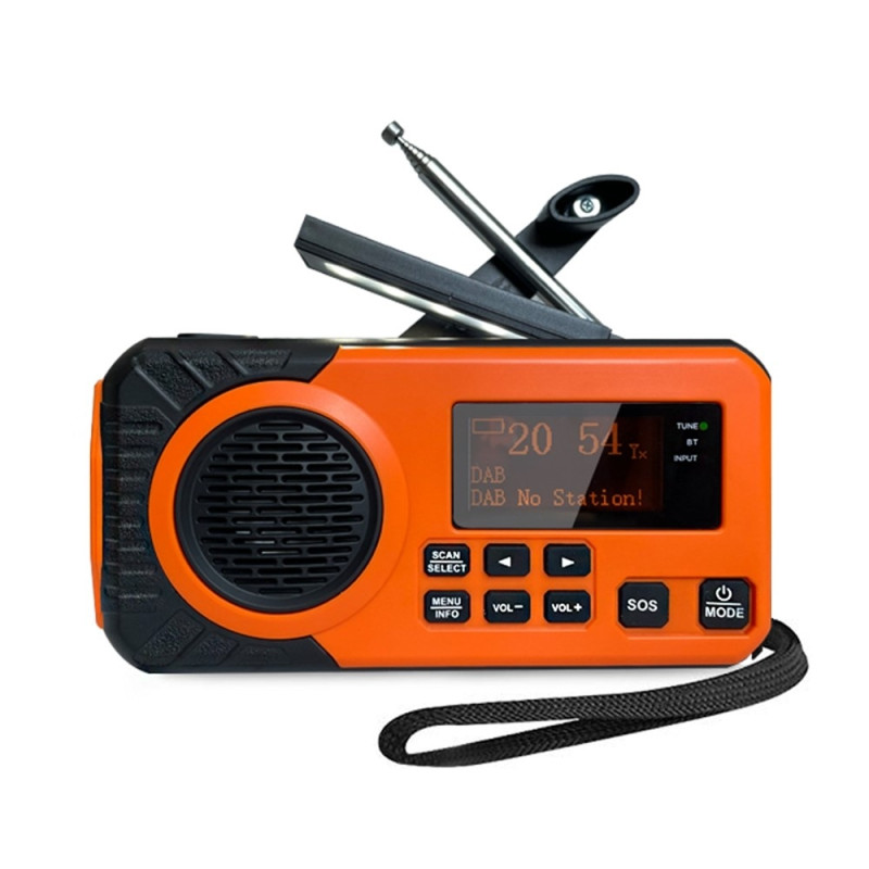 Nødradio DAB/FM 5000mAh powerbank ladende solcelle håndsveiv SOS alarm lommelykt