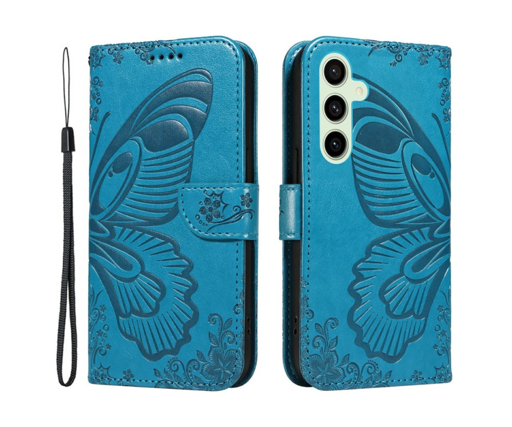 För Samsung Galaxy S24 FE Fodral Ställ Plånboksfodral Fjärilsmönster - Blå