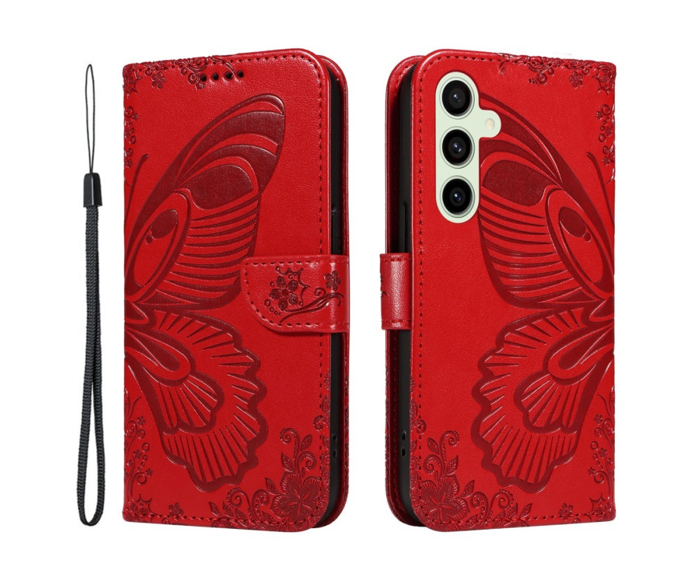 För Samsung Galaxy S24 FE Fodral Ställ Plånboksfodral Fjärilsmönster - Röd