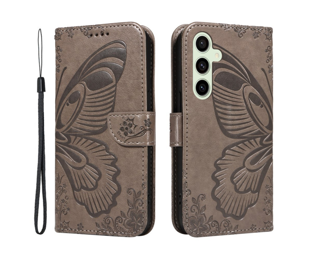För Samsung Galaxy S24 FE Fodral Ställ Plånboksfodral Fjärilsmönster - Grå