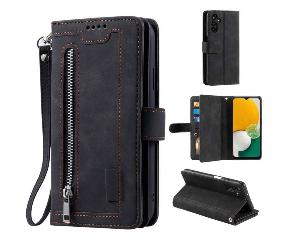 För Samsung Galaxy S24 FE Fodral med Dragkedja och 9 Kortplatser i PU-läder – Svart