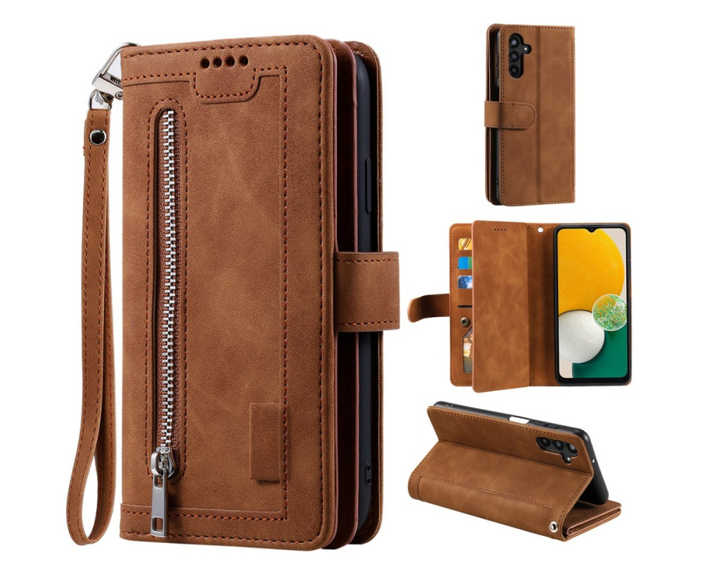 För Samsung Galaxy S24 FE Fodral med Dragkedja och 9 Kortplatser – Brun