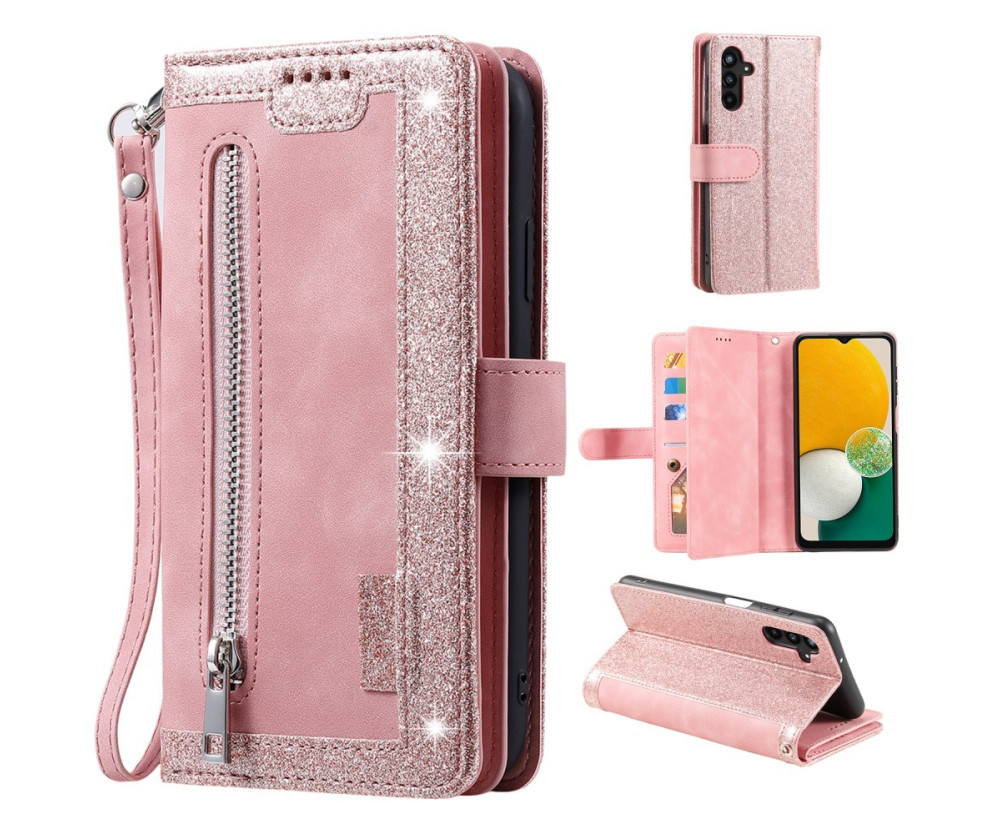 För Samsung Galaxy S24 FE Fodral med Dragkedja och 9 Kortplatser – RoseGold