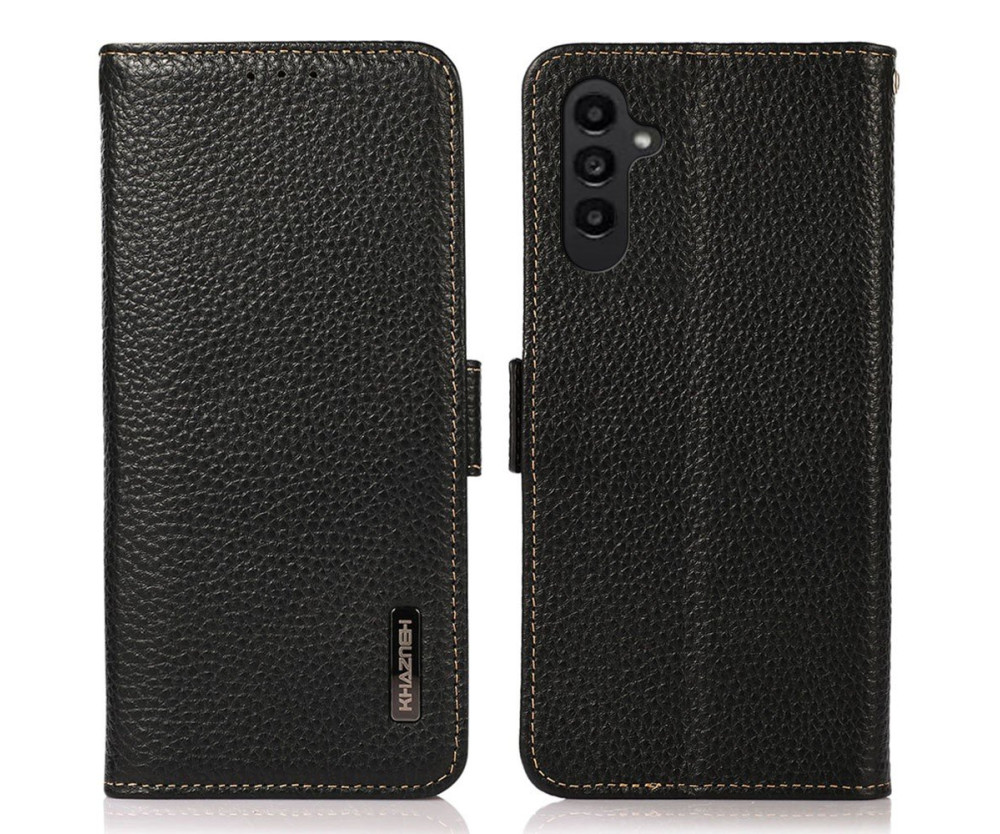 KHAZNEH För Samsung Galaxy S24 FE Telefonfodral i Äkta Koskinn Flip Fodral - Svart