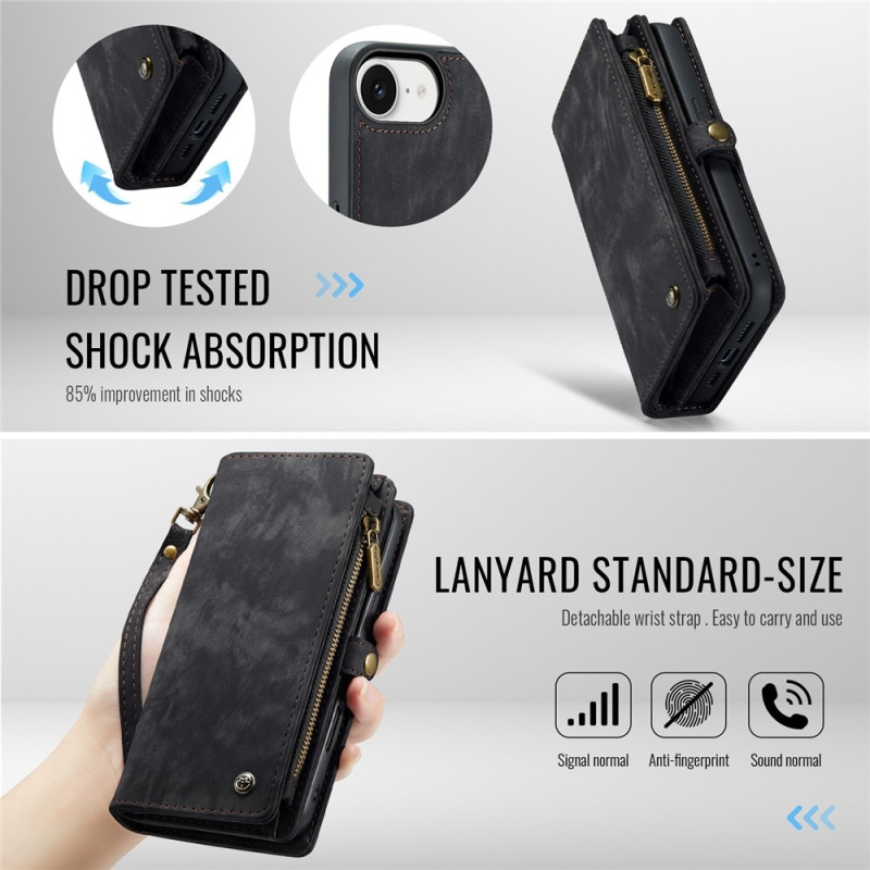 CASEME For iPhone 17e and iPhone 16e Detachable Wallet Phone Case with Strap Black