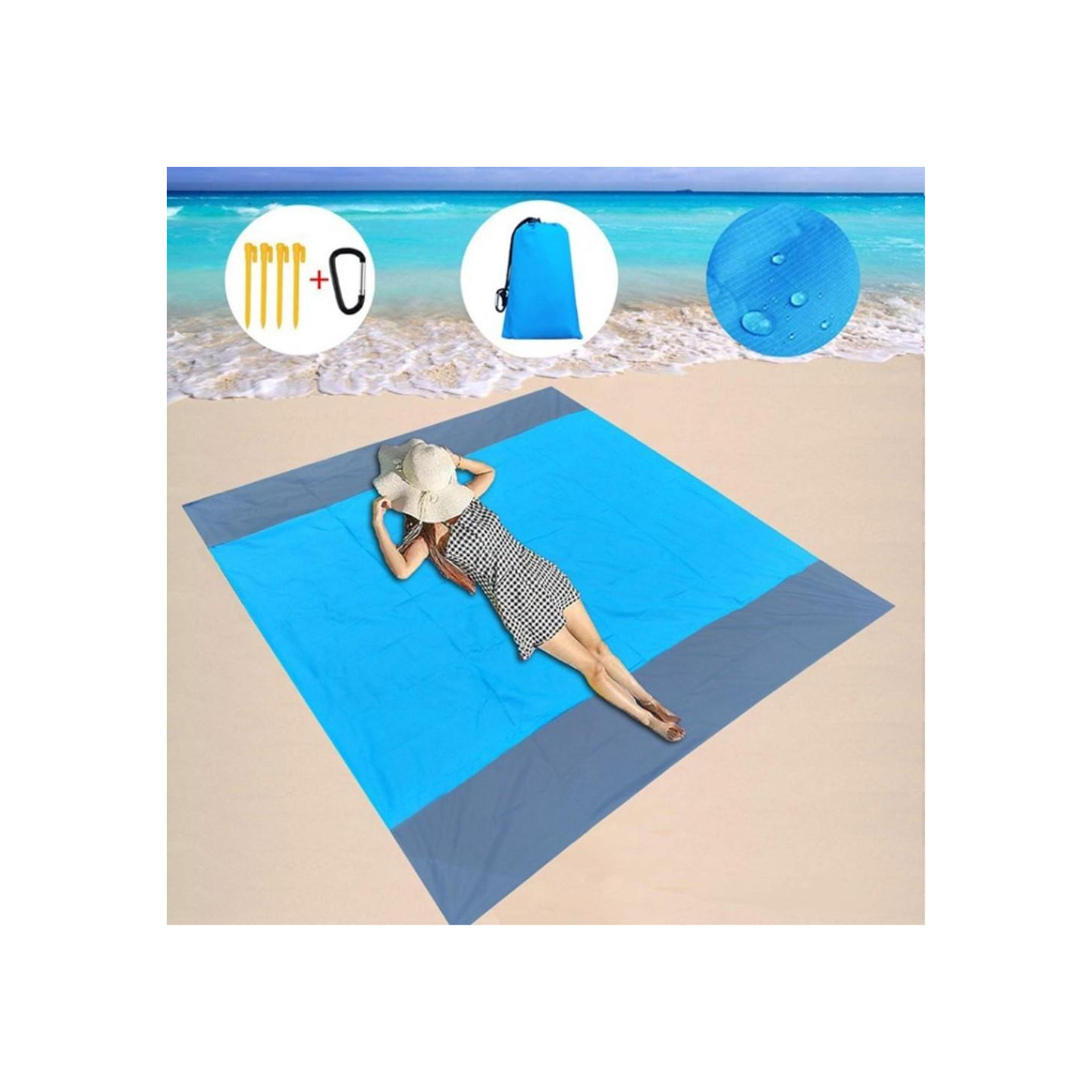 Strand tæppe 210x200cm stor sandtæt vandtæt strandmåtte - blå