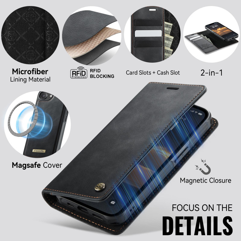 CASEME Til iPhone 17e / 16e  Lommebokdeksel Magnetisk Avtakbar RFID Beskyttelse - Svart