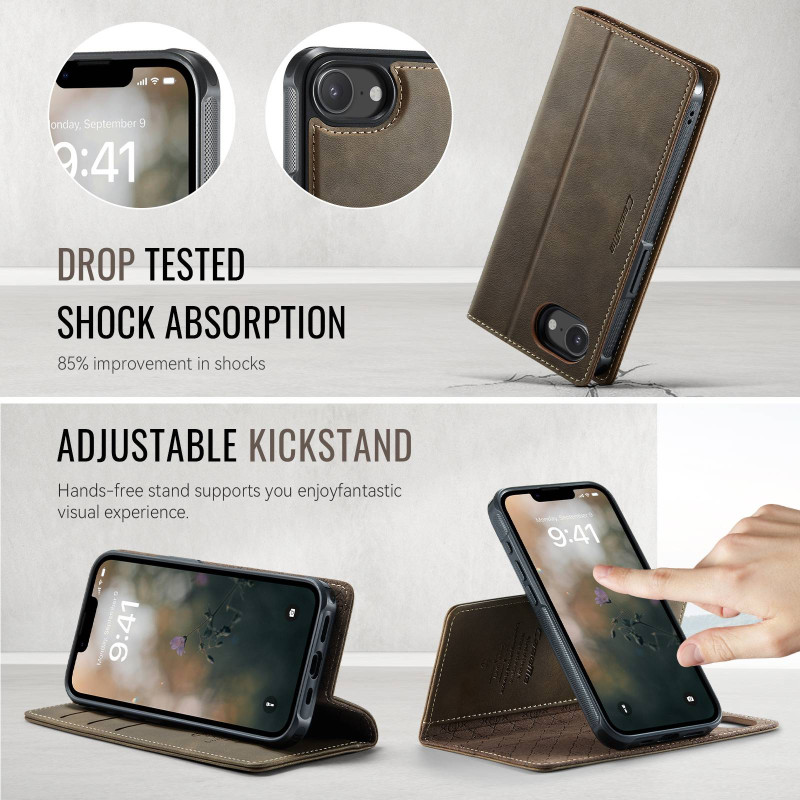 CASEME Til iPhone 17e / 16e  Lommebokdeksel Magnetisk Avtakbar RFID Beskyttelse - Coffee
