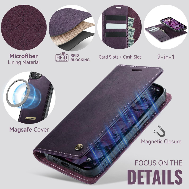 CASEME Til iPhone 17e / 16e  Lommebokdeksel Magnetisk Avtakbar RFID Beskyttelse