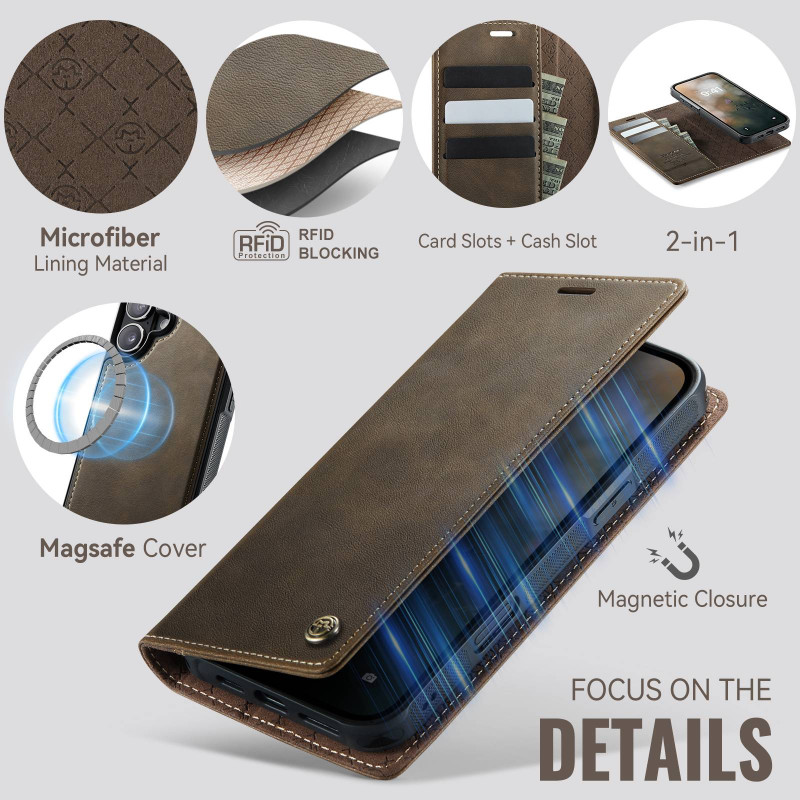 CASEME For iPhone 17 Wallet Case Magnetic Detachable RFID Blocking - Coffee