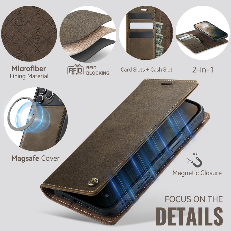 CASEME iPhone 17 Pro Lompakkokotelo Magneettinen Irrotettava RFID Suojaus - Coffee